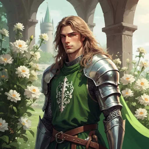 Prompt: guy, strong, handsome, king, knight, green, tall, long hair, flowers