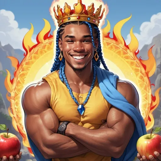 Prompt: guy, handsome, strong, king, blue, yellow, red, smile, muscles, big, himbo, braids, crystals, sun, apples, fire, 