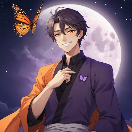 Prompt: guy, handsome, strong, king, smile, happy, tall, butterfly, moon, night, orange, violet, anime