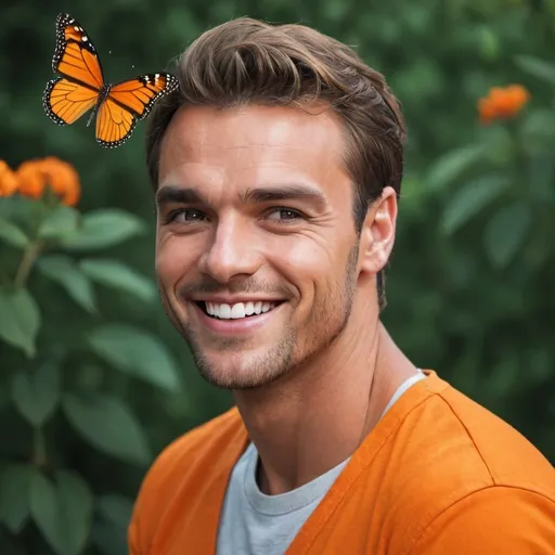 Prompt: guy, handsome, strong, king, happy, smile, butterfly, orange