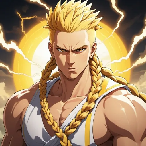 Prompt: guy, strong, handsome, king, yellow, white, serious, braids, sun, thunderbolt, anime