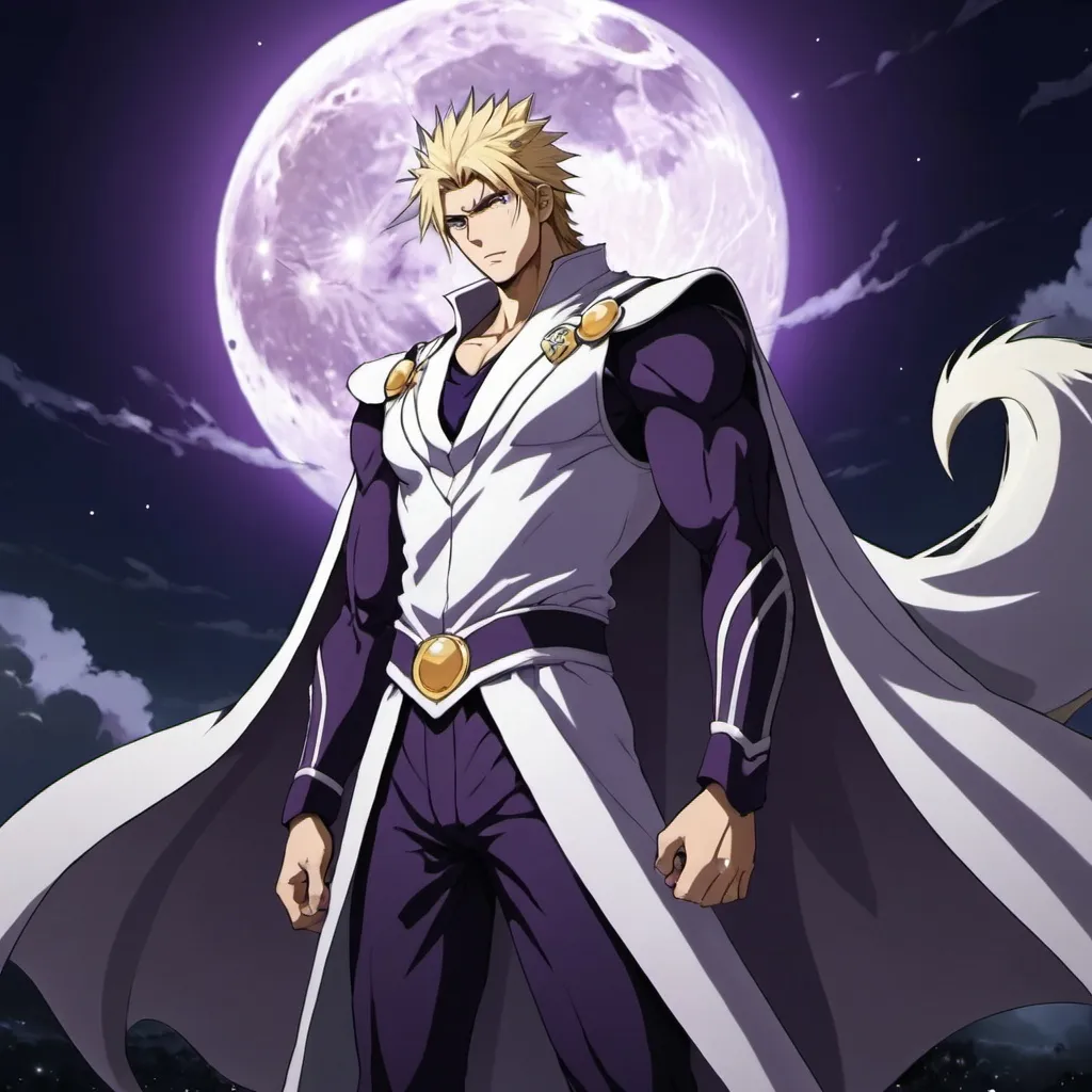 Prompt: guy, strong, handsome, king, white, violet, tall, serious, moon, thunderbolt, night, anime