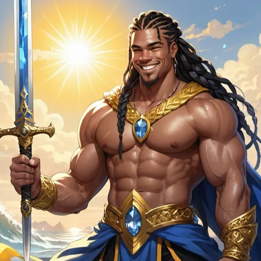 Prompt: guy, strong, handsome, king, yellow, blue, black, big, muscles, long wavy hair, braids, smile, crystals, sun, sword