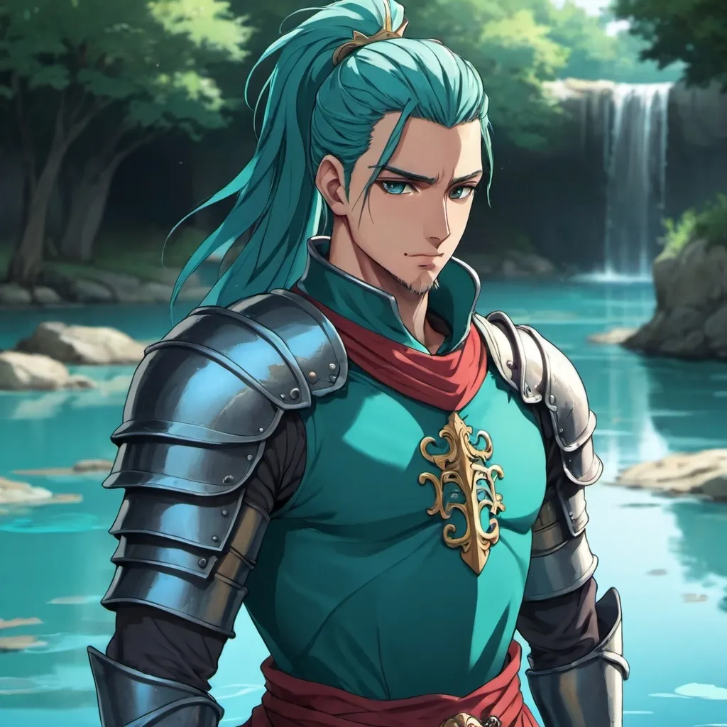 Prompt: guy, strong, handsome, king, knight, teal, tall, ponytail, water, anime
