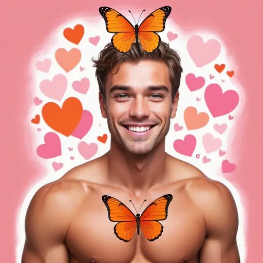 Prompt: guy, handsome, strong, king, orange, pink, happy, smile, love, hearts, butterfly