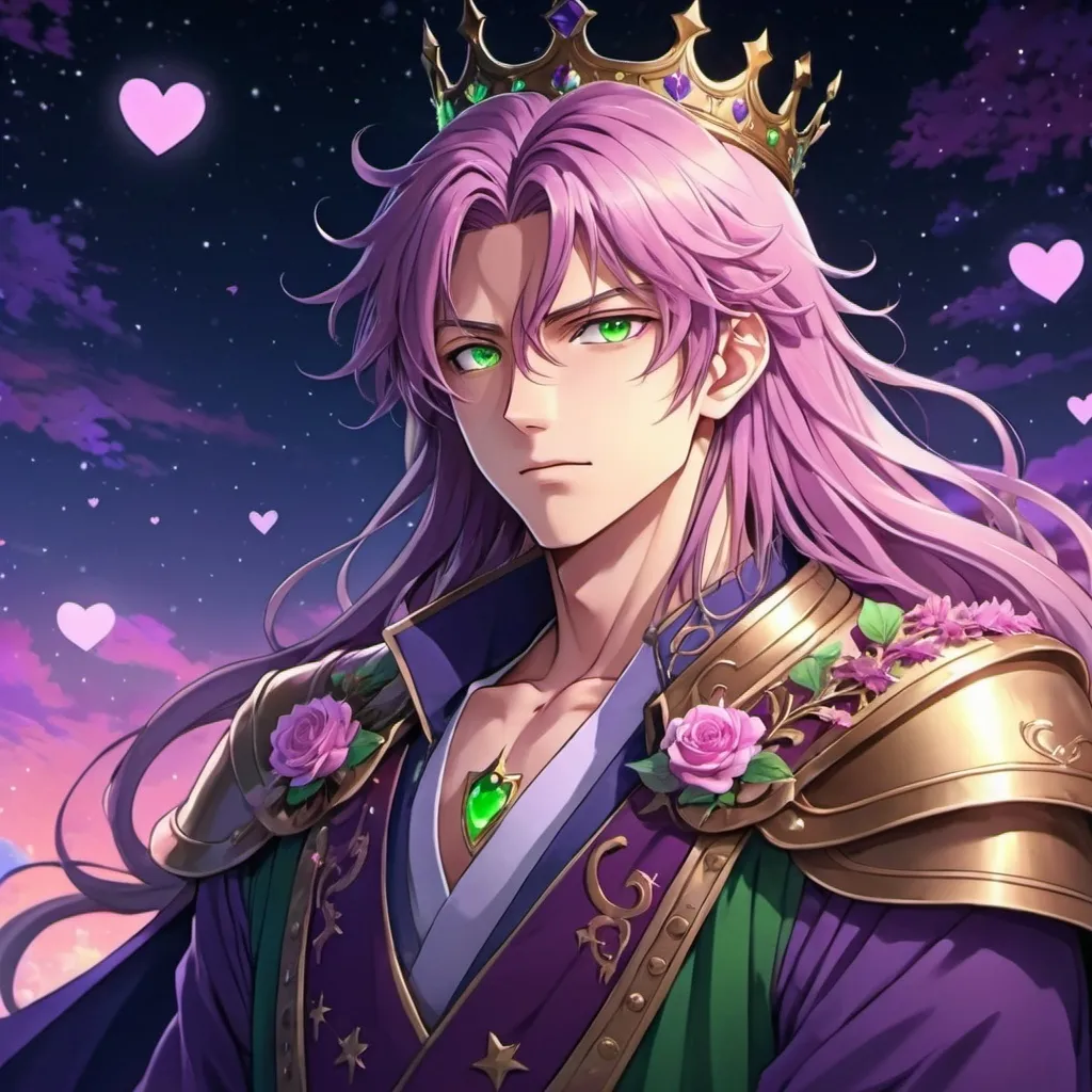 Prompt: anime guy, strong, handsome, king, violet, pink, green, tall, long hair, love, hearts, flowers, moon, night