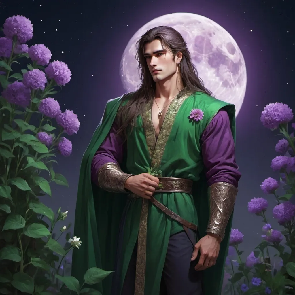 Prompt: guy, strong, handsome, king, green, violet, tall, long hair, moon, flowers, night