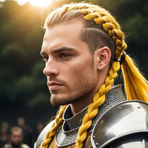 Prompt: guy, strong, handsome, king, knight, yellow, braids, sun