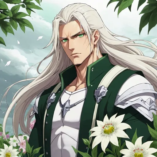 Prompt: guy, strong, handsome, king, white, green, tall, serious, long hair, thunderbolt, flowers, anime
