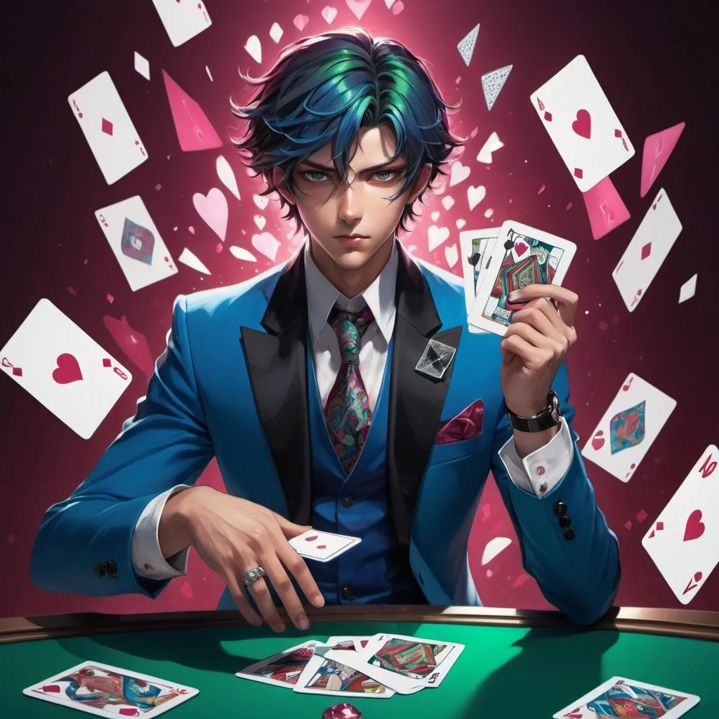 Prompt: anime guy, strong, handsome, cards, supreme, blue, red, pink, green, spades, hearts, diamonds, clubs