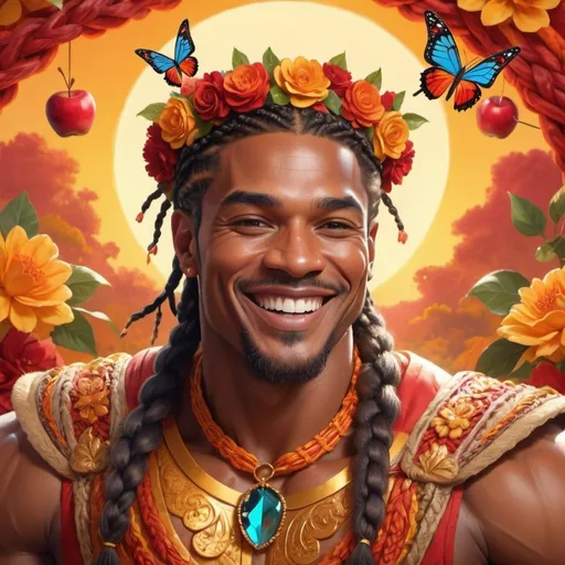 Prompt: guy, strong, handsome, king, red, yellow, orange, happy, himbo, smile, muscle, braids, apples, butterfly, sun, fire