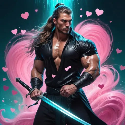 Prompt:  guy, strong, handsome, king, black, pink, teal, tall, big, muscle, long wavy hair, ponytail, love, hearts, water, sword