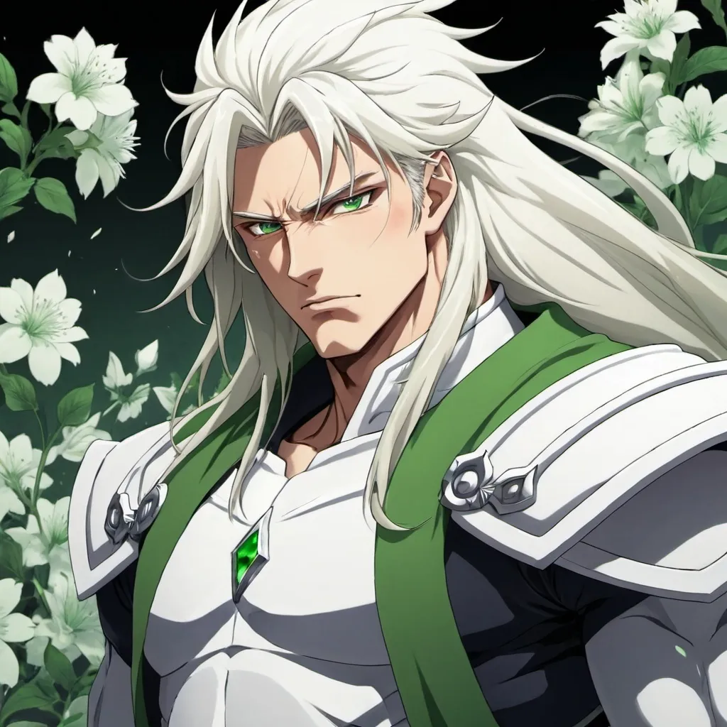 Prompt: guy, strong, handsome, king, white, green, tall, serious, long hair, thunderbolt, flowers, anime