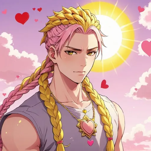 Prompt: guy, strong, handsome, king, yellow, pink, braids, love, sun, hearts, anime