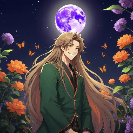 Prompt: guy, handsome, strong, king, green, orange, violet, tall, happy, smile, long hair, flowers, butterfly, moon, night, anime