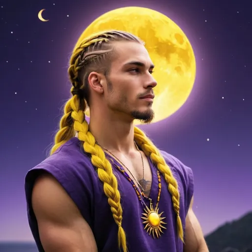 Prompt: guy, strong, handsome, king, yellow, violet, tall, braids, sun, moon, night