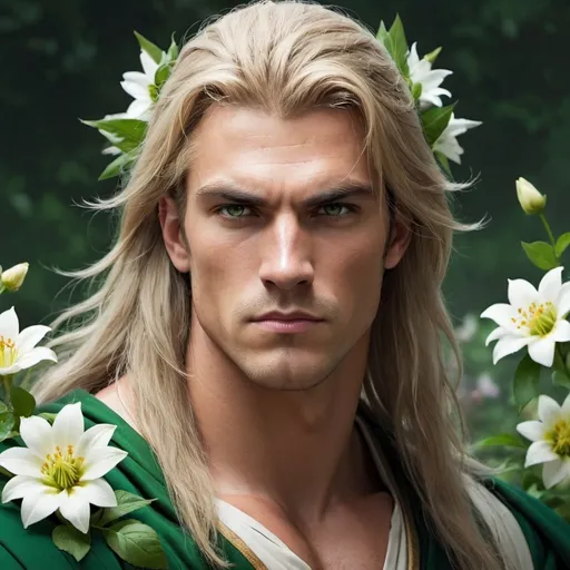 Prompt: guy, strong, handsome, king, white, green, tall, serious, long hair, thunderbolt, flowers