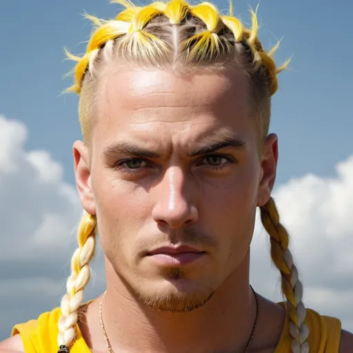 Prompt: guy, strong, handsome, king, yellow, white, serious, braids, sun, thunderbolt