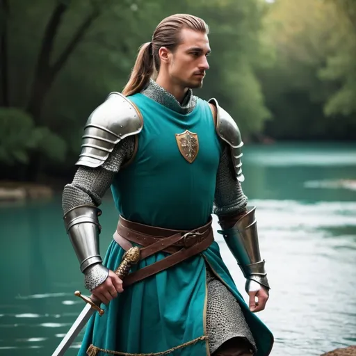 Prompt: guy, strong, handsome, king, knight, teal, tall, ponytail, water
