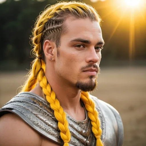 Prompt: guy, handsome, strong, king, yellow, sun, braids