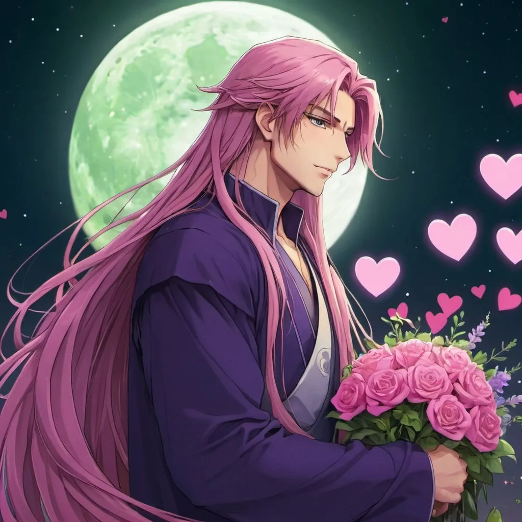 Prompt: guy, strong, handsome, king, violet, pink, green, tall, long hair, love, hearts, flowers, moon, night, anime