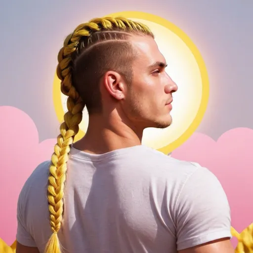 Prompt: guy, strong, handsome, king, yellow, pink, braids, love, sun, hearts