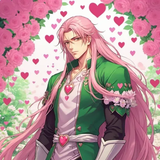 Prompt: guy, strong, handsome, king, pink, green, tall, long hair, love, hearts, flowers, anime