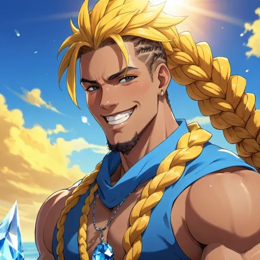 Prompt: guy, strong, handsome, king, blue, yellow, braids, big, smile, sun, muscles, crystals, anime