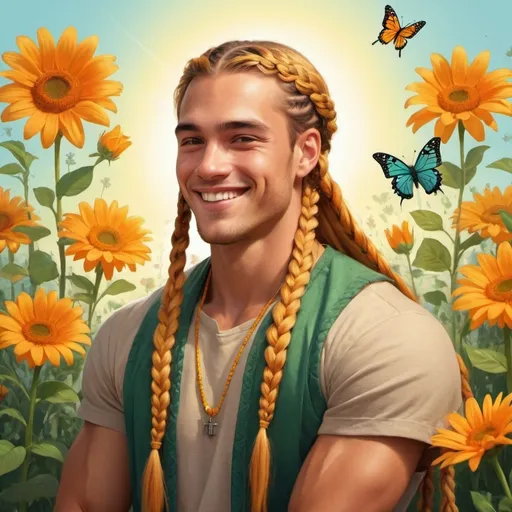 Prompt: guy, strong, handsome, king, yellow, orange, green, tall, long hair, braids, happy, smile, sun, flowers, butterfly