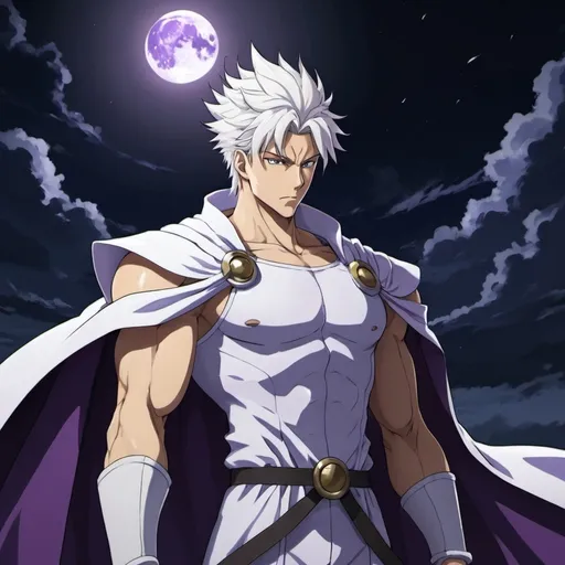 Prompt: guy, strong, handsome, king, white, violet, tall, serious, moon, thunderbolt, night, anime