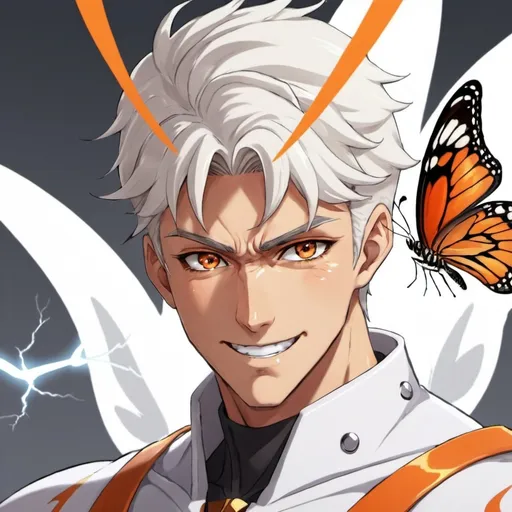 Prompt: guy, strong, handsome, king, white, orange, serious, smile, happy, thunderbolt, butterfly, anime
