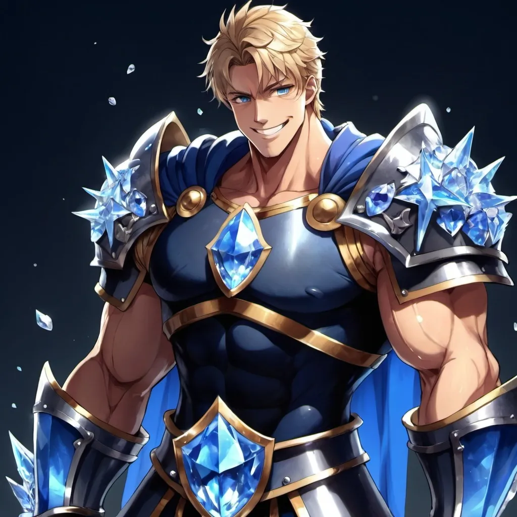 Prompt: guy, strong, handsome, king, knight, blue, big, muscles, smile, crystals, anime