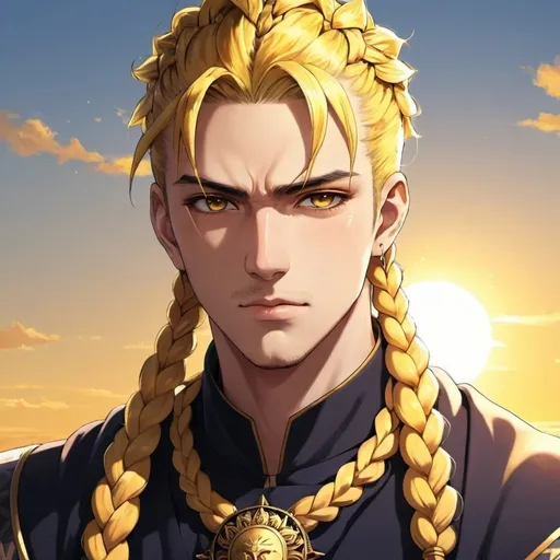 Prompt: guy, handsome, strong, king, yellow, sun, braids, anime