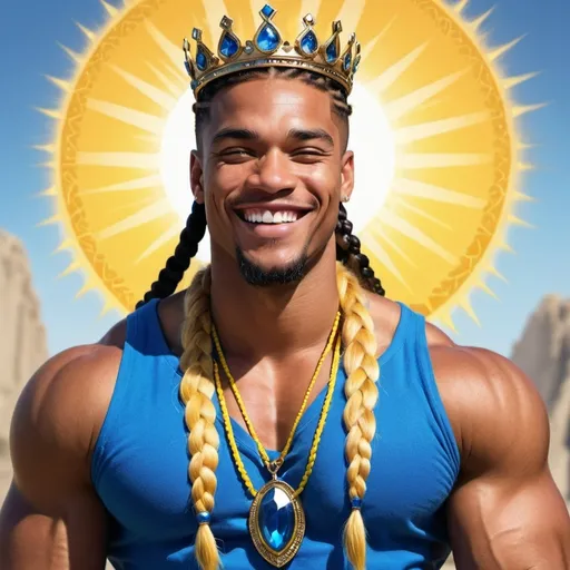 Prompt: guy, strong, handsome, king, blue, yellow, braids, big, smile, sun, muscles, crystals