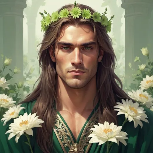 Prompt: guy, handsome, strong, king, green, tall, long hair, flowers