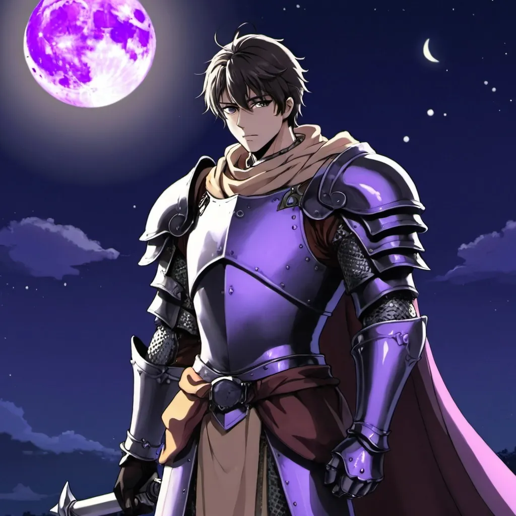 Prompt: guy, strong, handsome, king, knight, violet, tall, moon, night, anime