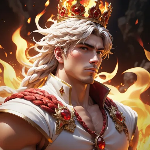 Prompt: anime guy, strong, handsome, king, white, yellow, red, himbo, muscle, serious, braids, fire, sun, thunderbolt, apples