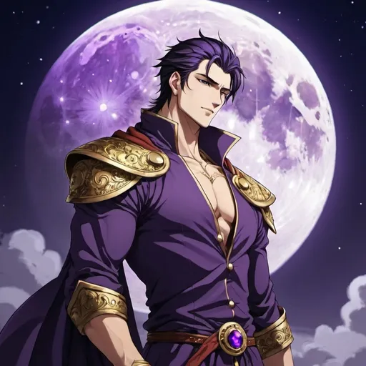 Prompt: guy, handsome, strong, king, tall, moon, night, violet, anime