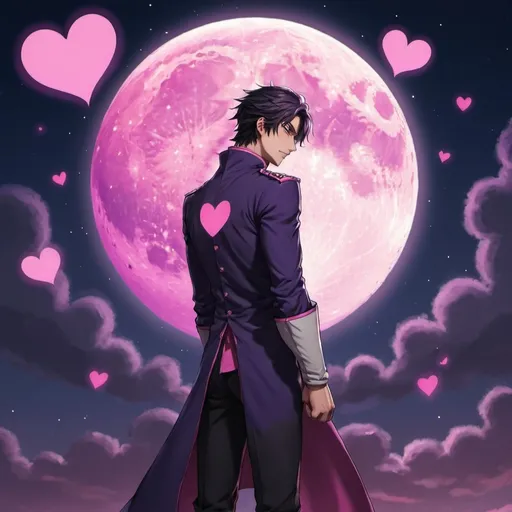 Prompt: guy, strong, handsome, king, pink, violet, tall, love, moon, hearts, night, anime