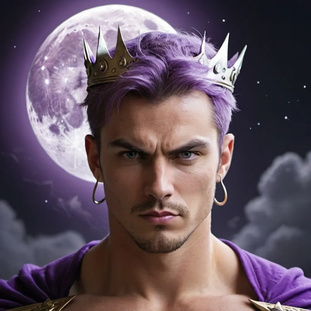 Prompt: guy, strong, handsome, king, white, violet, tall, serious, moon, thunderbolt, night