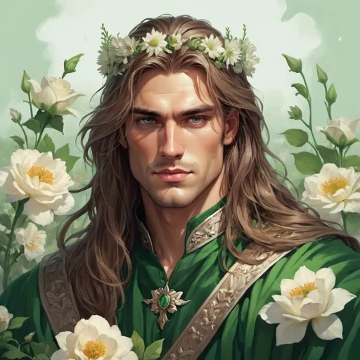 Prompt: guy, handsome, strong, king, green, tall, long hair, flowers