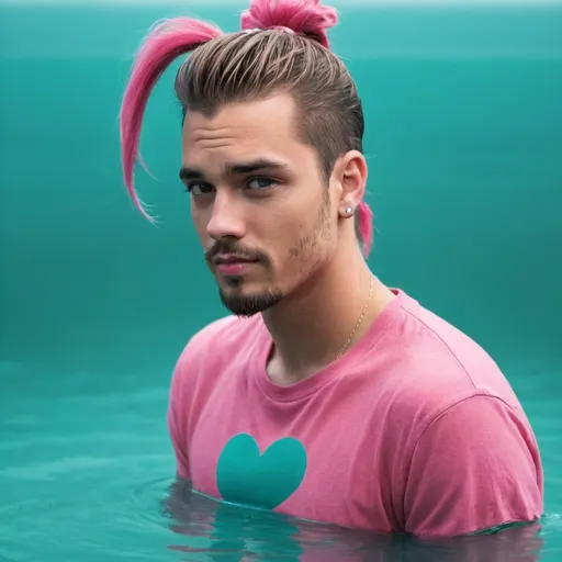 Prompt: guy, handsome, king, hearts, water, teal, pink, ponytail


