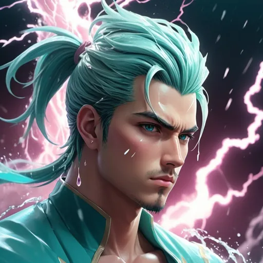 Prompt: anime guy, strong, handsome, king, white, pink, teal, tall, ponytail, serious, love, hearts, water, thunderbolt