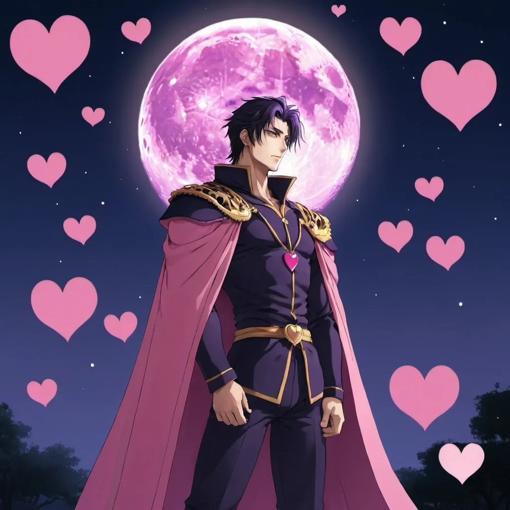 Prompt: guy, strong, handsome, king, pink, violet, tall, love, moon, hearts, night, anime