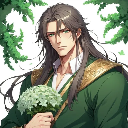 Prompt: guy, handsome, strong, king, green, tall, long hair, flowers, anime