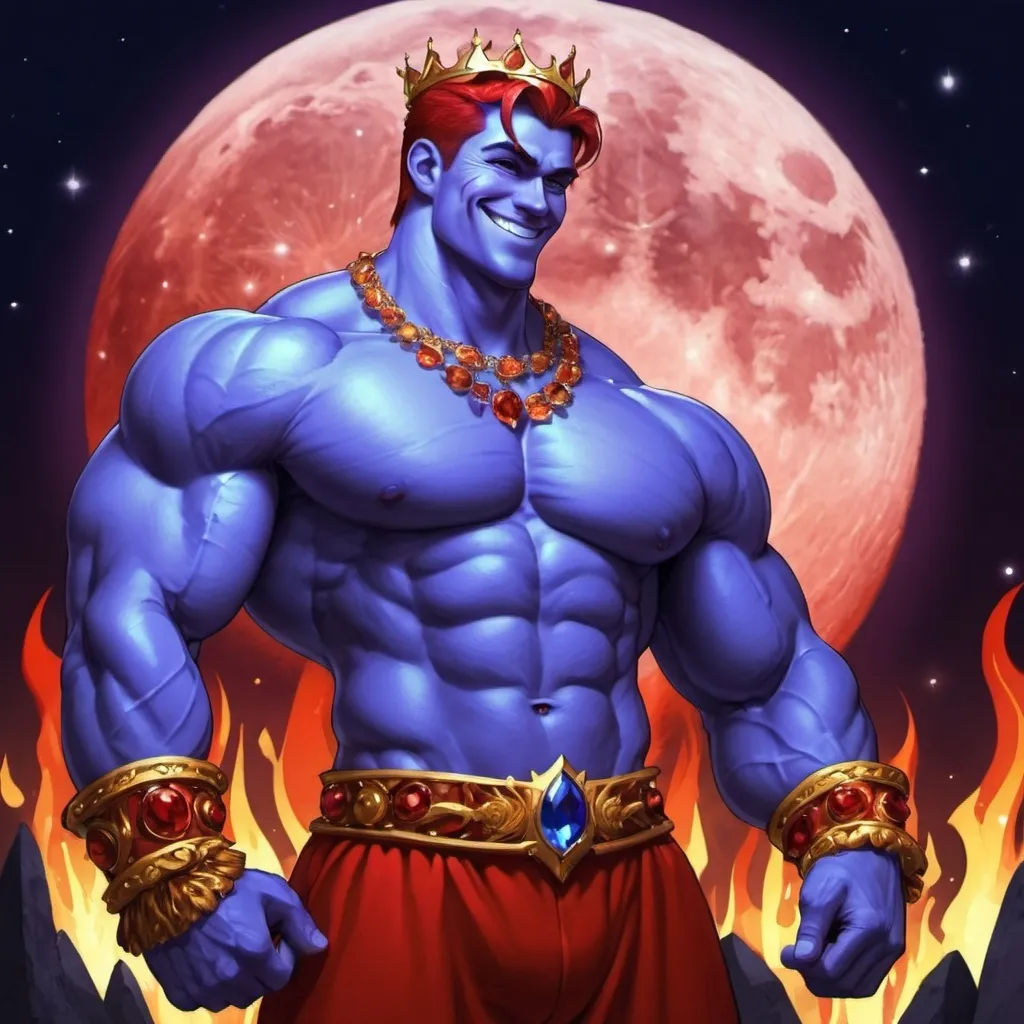 Prompt:  guy, strong, handsome, king, blue, violet, red, tall, smile, himbo, big, muscles, moon, fire, night, crystals, apples