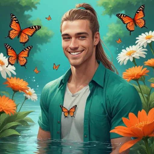 Prompt: guy, strong, handsome, king, green, teal, orange, tall, happy, smile, long hair, ponytail, flowers, butterfly, water