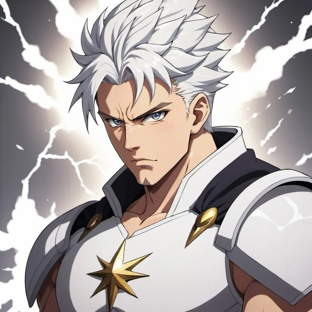 Prompt: guy, strong, handsome, king, serious, white, thunderbolt, anime
