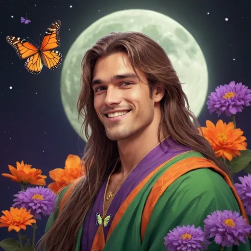 Prompt: guy, handsome, strong, king, green, orange, violet, tall, happy, smile, long hair, flowers, butterfly, moon, night