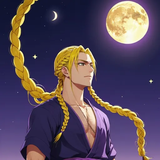 Prompt: guy, strong, handsome, king, yellow, violet, tall, braids, sun, moon, night, anime